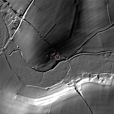 Shaded relief map of the ground around BH215ES, computed from Environment Agency LiDAR. The ground here sits at about 46 m above sea level and falls 37 m across the surrounding 800 m. Surface water reaching this point runs off ground lying to the north-west, 16.7 m higher.