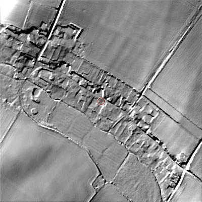 Shaded relief map of the ground around BH215ET, computed from Environment Agency LiDAR. The ground here sits at about 49 m above sea level and falls 38 m across the surrounding 800 m. Surface water reaching this point runs off ground lying to the north-east, 33.8 m higher.