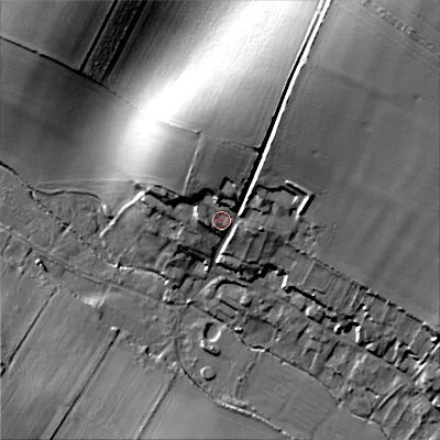 Shaded relief map of the ground around BH215HD, computed from Environment Agency LiDAR. The ground here sits at about 59 m above sea level and falls 43 m across the surrounding 800 m. Surface water reaching this point runs off ground lying to the north-east, 26.2 m higher.