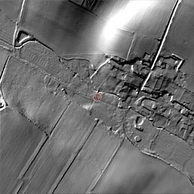 Shaded relief map of the ground around BH215HQ, computed from Environment Agency LiDAR. The ground here sits at about 47 m above sea level and falls 45 m across the surrounding 800 m. Surface water reaching this point runs off ground lying to the south-west, 43.4 m higher.