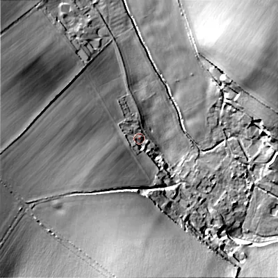 Shaded relief map of the ground around BH215HY, computed from Environment Agency LiDAR. The ground here sits at about 59 m above sea level and falls 43 m across the surrounding 800 m. Surface water reaching this point runs off ground lying to the south-west, 31.2 m higher.
