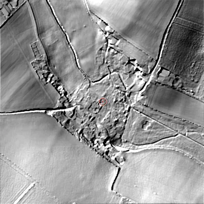 Shaded relief map of the ground around BH215HZ, computed from Environment Agency LiDAR. The ground here sits at about 53 m above sea level and falls 44 m across the surrounding 800 m. Surface water reaching this point runs off ground lying to the west-south-west, 2.0 m higher.