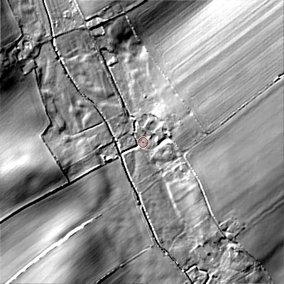 Shaded relief map of the ground around BH215JE, computed from Environment Agency LiDAR. The ground here sits at about 59 m above sea level and falls 23 m across the surrounding 800 m. Surface water reaching this point runs off ground lying to the north-east, 20.8 m higher.