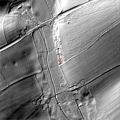 Shaded relief map of the ground around BH215JG, computed from Environment Agency LiDAR. The ground here sits at about 64 m above sea level and falls 31 m across the surrounding 800 m. Surface water reaching this point runs off ground lying to the north-east, 26.6 m higher.