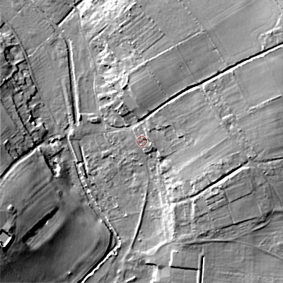 Shaded relief map of the ground around BH215LZ, computed from Environment Agency LiDAR. The ground here sits at about 51 m above sea level and falls 18 m across the surrounding 800 m. Surface water reaching this point runs off ground lying to the east, 1.9 m higher.