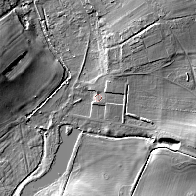 Shaded relief map of the ground around BH215NA, computed from Environment Agency LiDAR. The ground here sits at about 50 m above sea level and falls 17 m across the surrounding 800 m. Surface water reaching this point runs off ground lying to the north-east, 2.9 m higher.