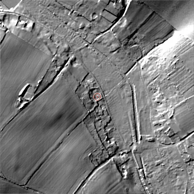 Shaded relief map of the ground around BH215NF, computed from Environment Agency LiDAR. The ground here sits at about 51 m above sea level and falls 27 m across the surrounding 800 m. Surface water reaching this point runs off ground lying to the west-south-west, 18.0 m higher.