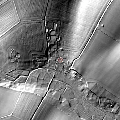 Shaded relief map of the ground around BH215NL, computed from Environment Agency LiDAR. The ground here sits at about 56 m above sea level and falls 34 m across the surrounding 800 m. Surface water reaching this point runs off ground lying to the north-east, 22.1 m higher.
