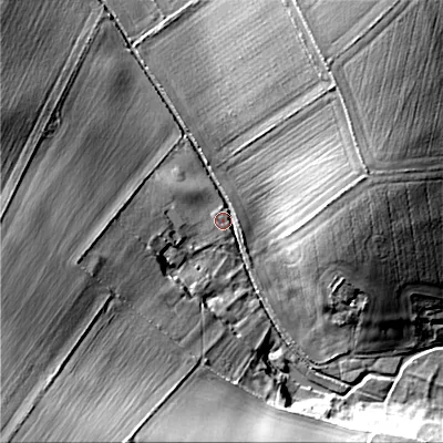 Shaded relief map of the ground around BH215NP, computed from Environment Agency LiDAR. The ground here sits at about 57 m above sea level and falls 43 m across the surrounding 800 m. Surface water reaching this point runs off ground lying to the west-south-west, 30.2 m higher.