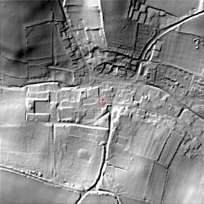 Shaded relief map of the ground around BH215PP, computed from Environment Agency LiDAR. The ground here sits at about 57 m above sea level and falls 41 m across the surrounding 800 m. Surface water reaching this point runs off ground lying to the south-west, 36.6 m higher.