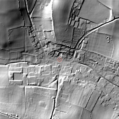 Shaded relief map of the ground around BH215PR, computed from Environment Agency LiDAR. The ground here sits at about 54 m above sea level and falls 33 m across the surrounding 800 m. Surface water reaching this point runs off ground lying to the south-west, 31.0 m higher.