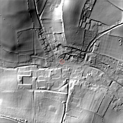 Shaded relief map of the ground around BH215PS, computed from Environment Agency LiDAR. The ground here sits at about 55 m above sea level and falls 35 m across the surrounding 800 m. Surface water reaching this point runs off ground lying to the north-west, 29.6 m higher.