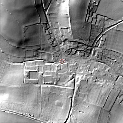Shaded relief map of the ground around BH215PT, computed from Environment Agency LiDAR. The ground here sits at about 55 m above sea level and falls 40 m across the surrounding 800 m. Surface water reaching this point runs off ground lying to the south-west, 37.6 m higher.