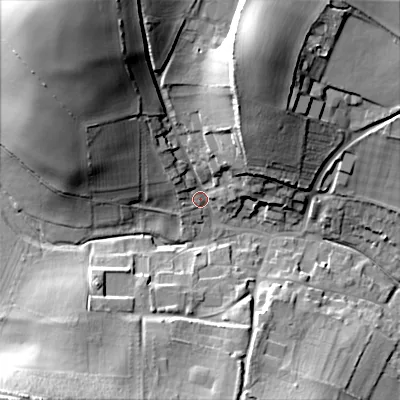 Shaded relief map of the ground around BH215PU, computed from Environment Agency LiDAR. The ground here sits at about 56 m above sea level and falls 33 m across the surrounding 800 m. Surface water reaching this point runs off ground lying to the north-north-west, 29.6 m higher.