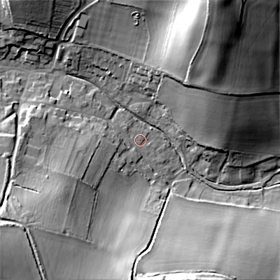 Shaded relief map of the ground around BH215QA, computed from Environment Agency LiDAR. The ground here sits at about 54 m above sea level and falls 33 m across the surrounding 800 m. Surface water reaching this point runs off ground lying to the west-south-west, 8.2 m higher.