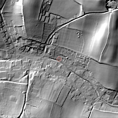 Shaded relief map of the ground around BH215QB, computed from Environment Agency LiDAR. The ground here sits at about 54 m above sea level and falls 38 m across the surrounding 800 m. Surface water reaching this point runs off ground lying to the north-east, 36.7 m higher.