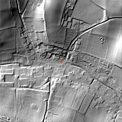 Shaded relief map of the ground around BH215QD, computed from Environment Agency LiDAR. The ground here sits at about 54 m above sea level and falls 38 m across the surrounding 800 m. Surface water reaching this point runs off ground lying to the north-east, 35.3 m higher.