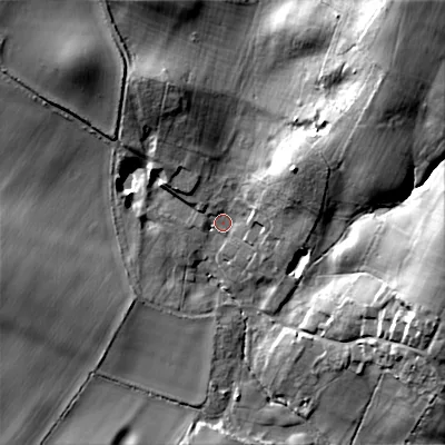 Shaded relief map of the ground around BH215RE, computed from Environment Agency LiDAR. The ground here sits at about 48 m above sea level and falls 36 m across the surrounding 800 m. Surface water reaching this point runs off ground lying to the north-east, 32.8 m higher.