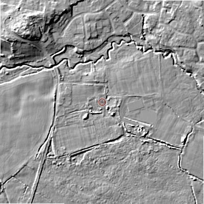 Shaded relief map of the ground around BH216RS, computed from Environment Agency LiDAR. The ground here sits at about 24 m above sea level and falls 12 m across the surrounding 800 m. Surface water reaching this point runs off ground lying to the south-west, 2.9 m higher.