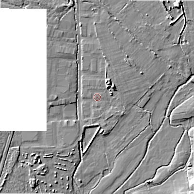 Shaded relief map of the ground around BH216SZ, computed from Environment Agency LiDAR. The ground here sits at about 17 m above sea level and falls 9 m across the surrounding 800 m. Surface water reaching this point runs off ground lying to the north-north-east, 5.8 m higher.