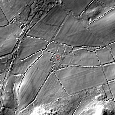Shaded relief map of the ground around BH217BD, computed from Environment Agency LiDAR. The ground here sits at about 26 m above sea level and falls 19 m across the surrounding 800 m. Surface water reaching this point runs off ground lying to the south-south-west, 13.9 m higher.