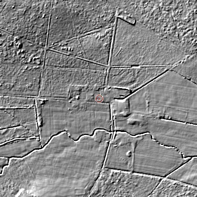Shaded relief map of the ground around BH217BJ, computed from Environment Agency LiDAR. The ground here sits at about 17 m above sea level and falls 10 m across the surrounding 800 m. Surface water reaching this point runs off ground lying to the west, 1.9 m higher.