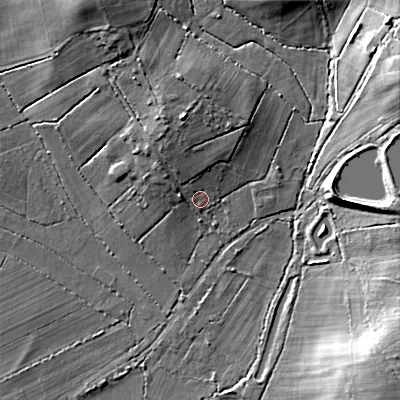 Shaded relief map of the ground around BH217DA, computed from Environment Agency LiDAR. The ground here sits at about 25 m above sea level and falls 14 m across the surrounding 800 m. Surface water reaching this point runs off ground lying to the north-north-west, 5.5 m higher.