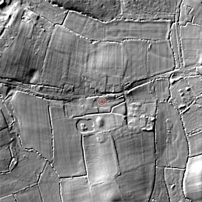 Shaded relief map of the ground around BH217DL, computed from Environment Agency LiDAR. The ground here sits at about 30 m above sea level and falls 17 m across the surrounding 800 m. Surface water reaching this point runs off ground lying to the west-north-west, 11.3 m higher.