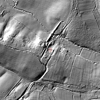 Shaded relief map of the ground around BH217DP, computed from Environment Agency LiDAR. The ground here sits at about 37 m above sea level and falls 20 m across the surrounding 800 m. Surface water reaching this point runs off ground lying to the south-west, 8.9 m higher.