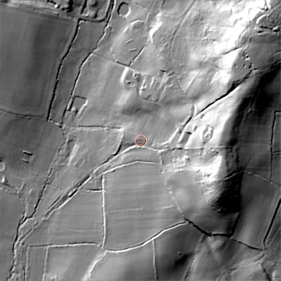 Shaded relief map of the ground around BH217JL, computed from Environment Agency LiDAR. The ground here sits at about 44 m above sea level and falls 42 m across the surrounding 800 m. Surface water reaching this point runs off ground lying to the east-south-east, 6.3 m higher.