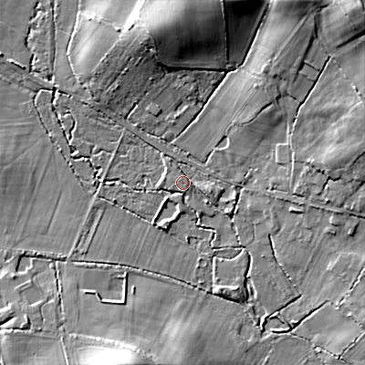 Shaded relief map of the ground around BH217JN, computed from Environment Agency LiDAR. The ground here sits at about 29 m above sea level and falls 18 m across the surrounding 800 m. Surface water reaching this point runs off ground lying to the north-north-east, 15.1 m higher.