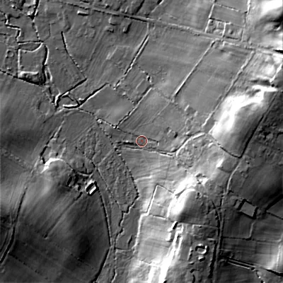 Shaded relief map of the ground around BH217JU, computed from Environment Agency LiDAR. The ground here sits at about 29 m above sea level and falls 29 m across the surrounding 800 m. Surface water reaching this point runs off ground lying to the east, 20.7 m higher.