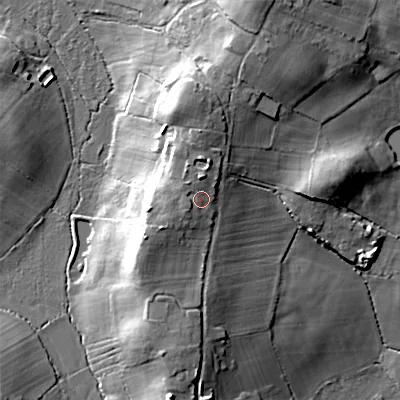 Shaded relief map of the ground around BH217JX, computed from Environment Agency LiDAR. The ground here sits at about 41 m above sea level and falls 26 m across the surrounding 800 m. Surface water reaching this point runs off ground lying to the north, 3.0 m higher.