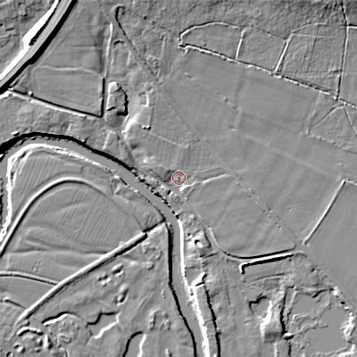 Shaded relief map of the ground around BH217LP, computed from Environment Agency LiDAR. The ground here sits at about 16 m above sea level and falls 12 m across the surrounding 800 m. Surface water reaching this point runs off ground lying to the north-north-west, 2.6 m higher.