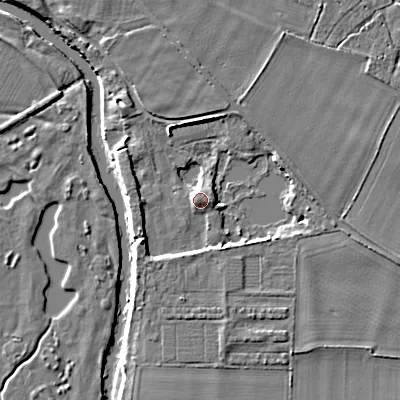 Shaded relief map of the ground around BH217LR, computed from Environment Agency LiDAR. The ground here sits at about 16 m above sea level and falls 7 m across the surrounding 800 m. Surface water reaching this point runs off ground lying to the south-west, 4.7 m higher.