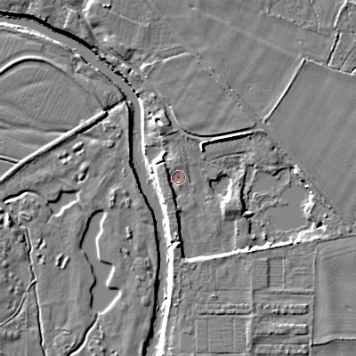 Shaded relief map of the ground around BH217LU, computed from Environment Agency LiDAR. The ground here sits at about 15 m above sea level and falls 7 m across the surrounding 800 m. Surface water reaching this point runs off ground lying to the south, 4.7 m higher.