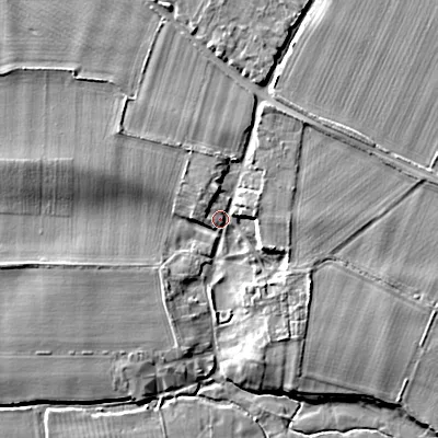 Shaded relief map of the ground around BH217LX, computed from Environment Agency LiDAR. The ground here sits at about 15 m above sea level and falls 6 m across the surrounding 800 m. Surface water reaching this point runs off ground lying to the north, 2.3 m higher.