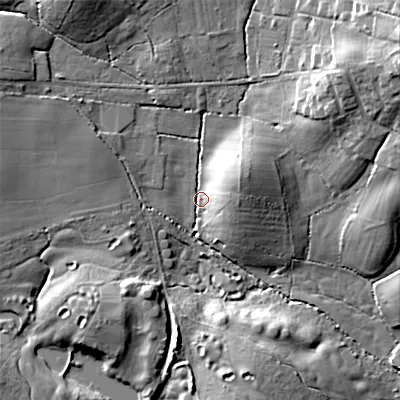 Shaded relief map of the ground around BH218AB, computed from Environment Agency LiDAR. The ground here sits at about 44 m above sea level and falls 22 m across the surrounding 800 m. Surface water reaching this point runs off ground lying to the north-east, 19.6 m higher.