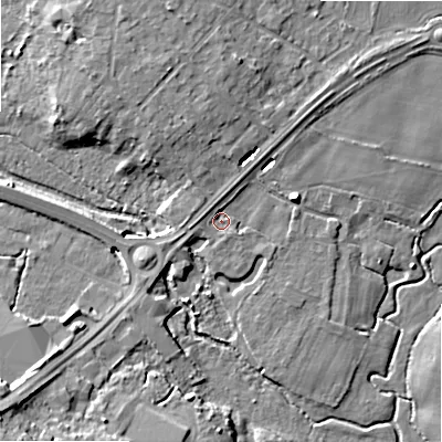 Shaded relief map of the ground around BH220AE, computed from Environment Agency LiDAR. The ground here sits at about 13 m above sea level and falls 12 m across the surrounding 800 m. Surface water reaching this point runs off ground lying to the north-west, 1.9 m higher.