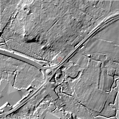 Shaded relief map of the ground around BH220AF, computed from Environment Agency LiDAR. The ground here sits at about 14 m above sea level and falls 14 m across the surrounding 800 m. Surface water reaching this point runs off ground lying to the north, 6.3 m higher.