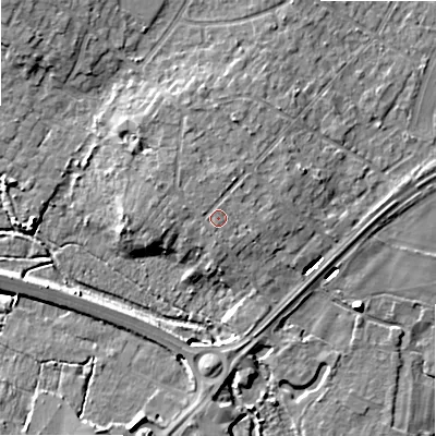 Shaded relief map of the ground around BH220AY, computed from Environment Agency LiDAR. The ground here sits at about 16 m above sea level and falls 7 m across the surrounding 800 m. Surface water reaching this point runs off ground lying to the north-north-east, 1.0 m higher.