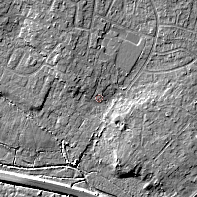 Shaded relief map of the ground around BH220BN, computed from Environment Agency LiDAR. The ground here sits at about 15 m above sea level and falls 8 m across the surrounding 800 m. Surface water reaching this point runs off ground lying to the north-north-west, 4.2 m higher.