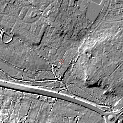Shaded relief map of the ground around BH220BS, computed from Environment Agency LiDAR. The ground here sits at about 13 m above sea level and falls 14 m across the surrounding 800 m. Surface water reaching this point runs off ground lying to the north, 4.9 m higher.
