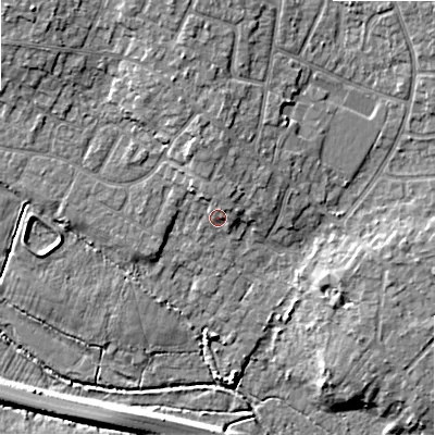 Shaded relief map of the ground around BH220BW, computed from Environment Agency LiDAR. The ground here sits at about 16 m above sea level and falls 8 m across the surrounding 800 m. Surface water reaching this point runs off ground lying to the north, 2.6 m higher.