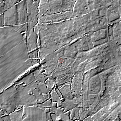 Shaded relief map of the ground around BH220JE, computed from Environment Agency LiDAR. The ground here sits at about 15 m above sea level and falls 7 m across the surrounding 800 m. The ground contributing surface water to this point lies to the south-south-west.