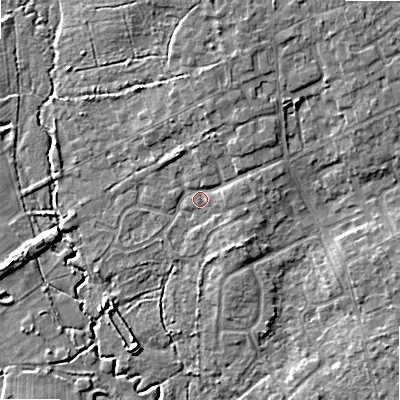 Shaded relief map of the ground around BH220JL, computed from Environment Agency LiDAR. The ground here sits at about 16 m above sea level and falls 7 m across the surrounding 800 m. Surface water reaching this point runs off ground lying to the north-north-east, 2.9 m higher.