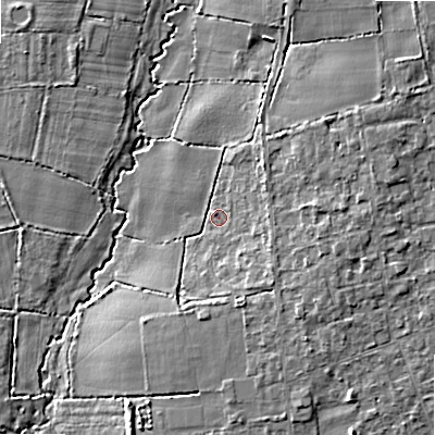 Shaded relief map of the ground around BH220LJ, computed from Environment Agency LiDAR. The ground here sits at about 18 m above sea level and falls 7 m across the surrounding 800 m. Surface water reaching this point runs off ground lying to the east-north-east, 3.9 m higher.