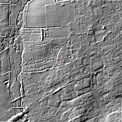 Shaded relief map of the ground around BH220LQ, computed from Environment Agency LiDAR. The ground here sits at about 19 m above sea level and falls 8 m across the surrounding 800 m. Surface water reaching this point runs off ground lying to the east-south-east, 1.4 m higher.