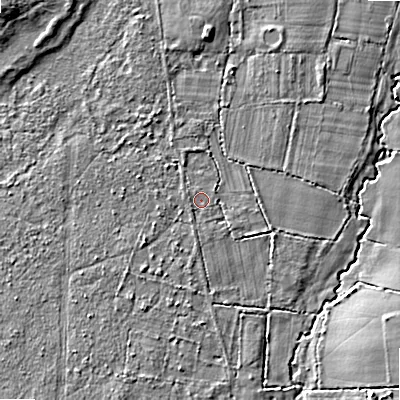 Shaded relief map of the ground around BH220LW, computed from Environment Agency LiDAR. The ground here sits at about 17 m above sea level and falls 7 m across the surrounding 800 m. Surface water reaching this point runs off ground lying to the north-north-west, 1.0 m higher.