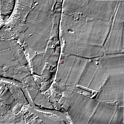 Shaded relief map of the ground around BH228TR, computed from Environment Agency LiDAR. The ground here sits at about 11 m above sea level and falls 8 m across the surrounding 800 m. Surface water reaching this point runs off ground lying to the north-north-west, 3.4 m higher.